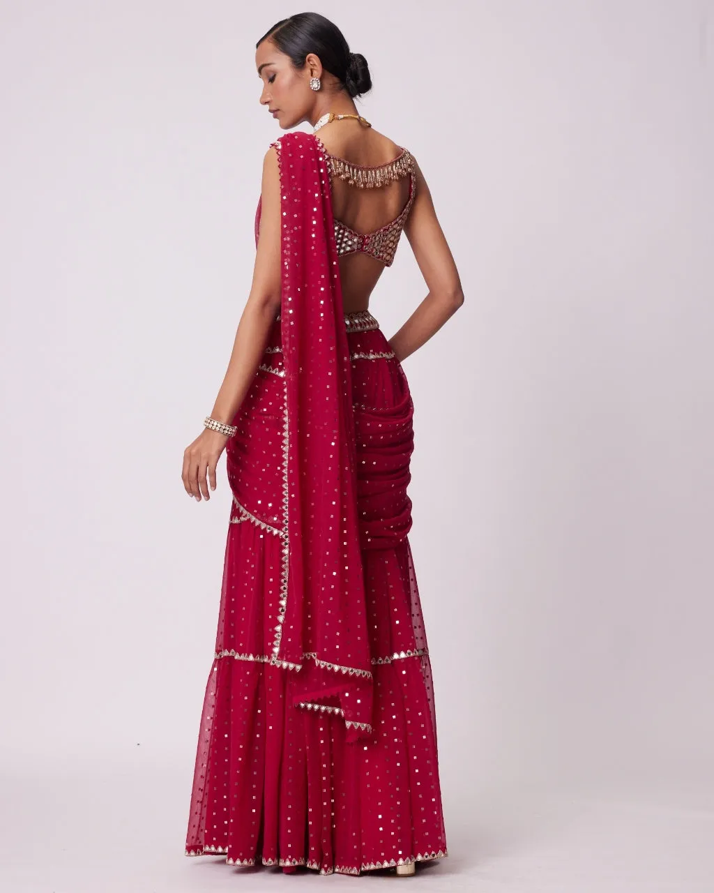 Crimson Red Multi- Tier Sequin Embroidered Sari Set