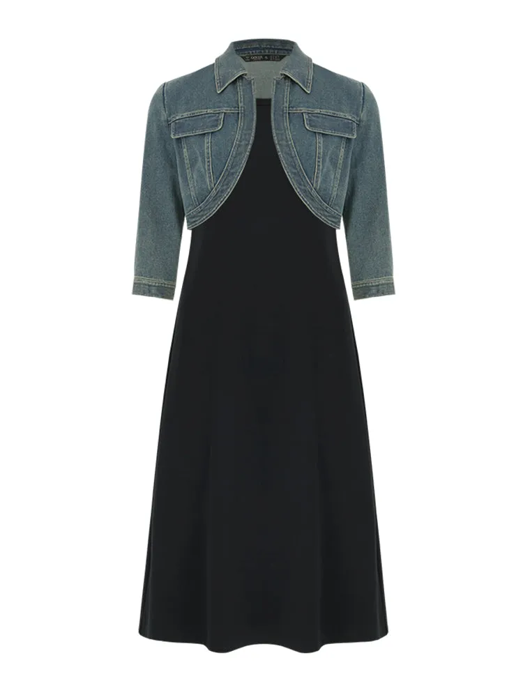 Denim Crop Jacket And Knitted Vest Dress Two-Piece Set