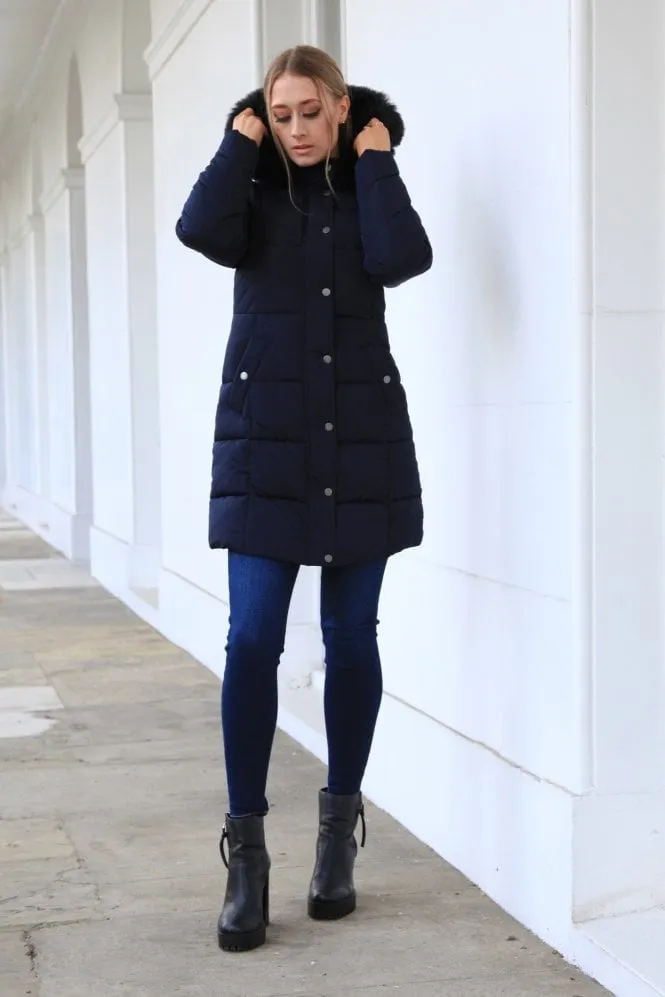 Double Second Navy Long Puffer With Fur Collar