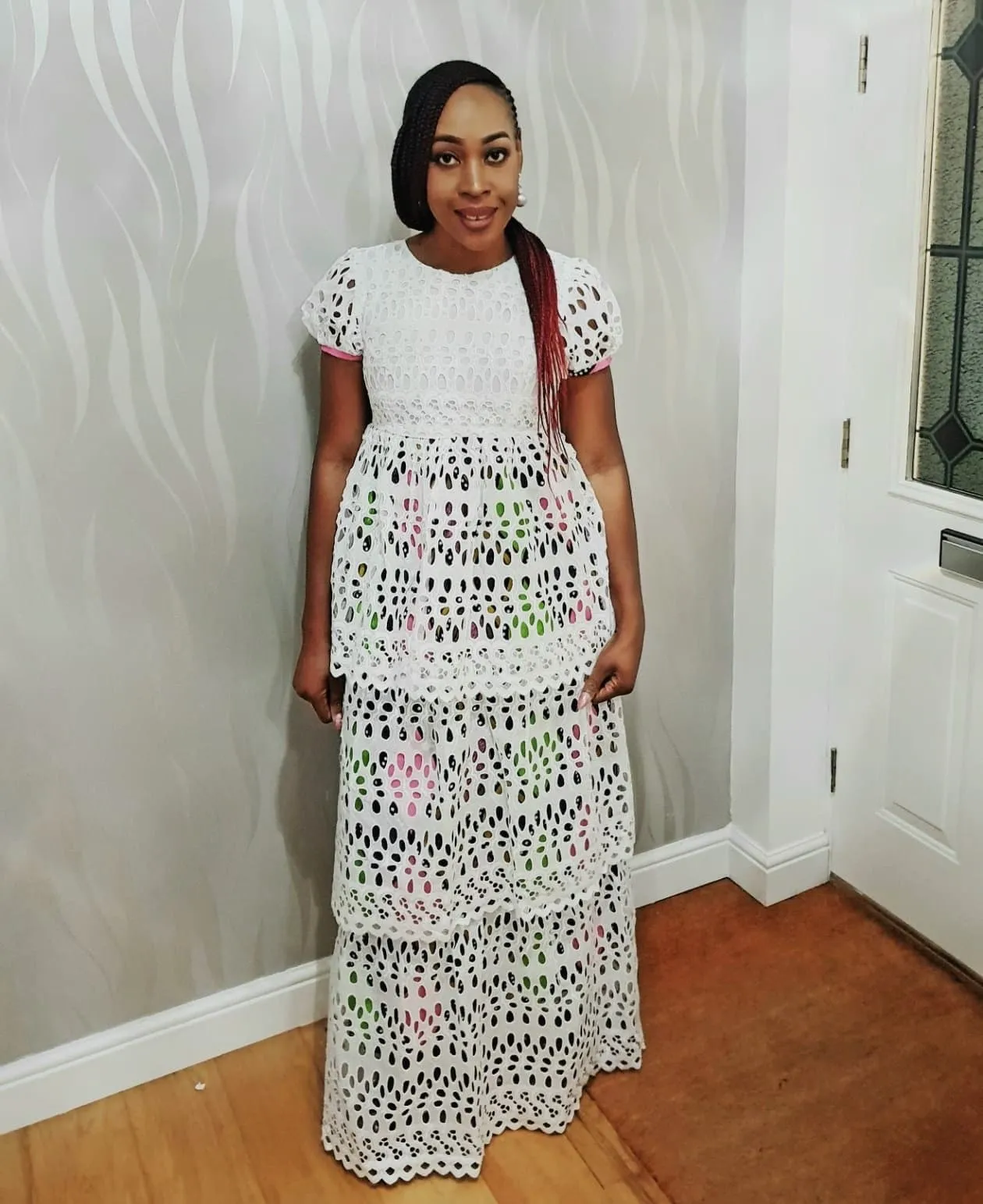 Embellished 3 Tier White Lace Maxi Dress with African Print Lining