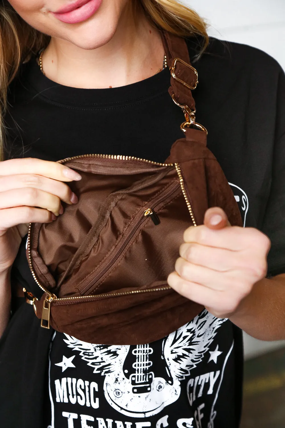 Explore More Collection - Brown Vegan Suede Sling Fringe Fanny Pack/Crossbody