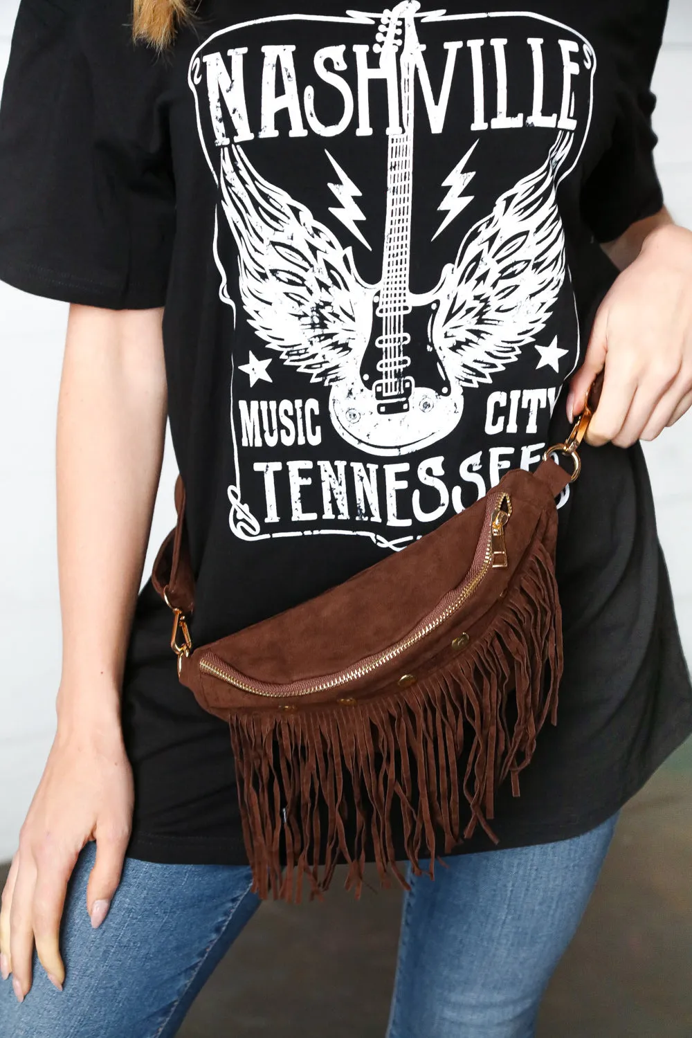 Explore More Collection - Brown Vegan Suede Sling Fringe Fanny Pack/Crossbody