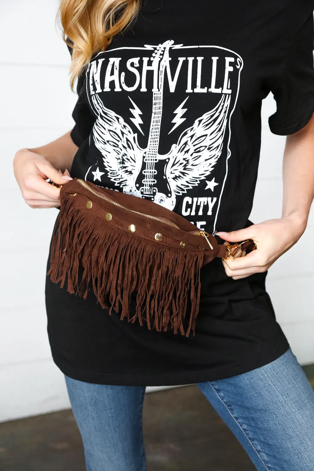 Explore More Collection - Brown Vegan Suede Sling Fringe Fanny Pack/Crossbody