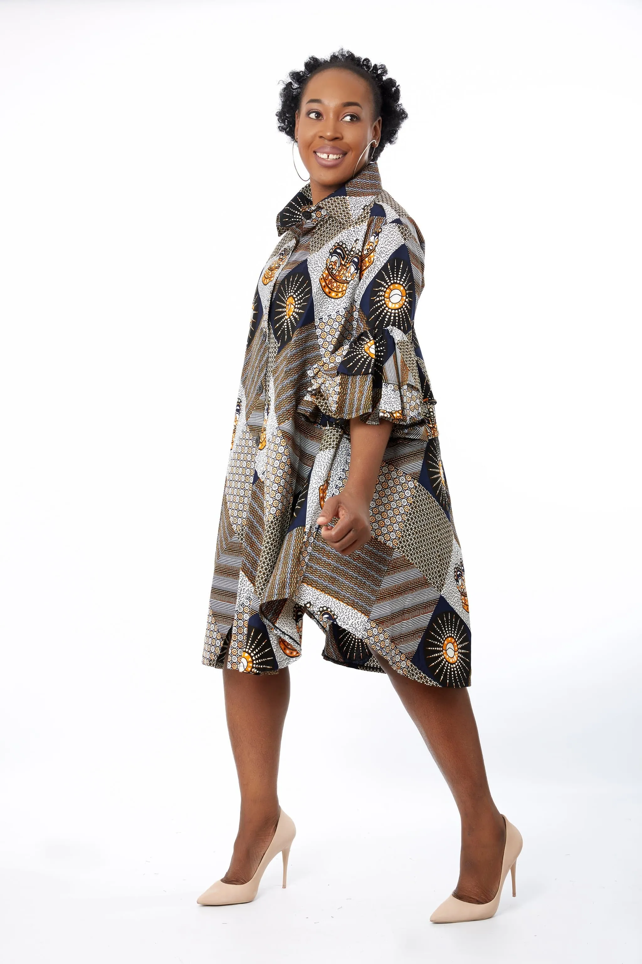 Ezinne African Ankara Print Cut out Shift Shirt Dress