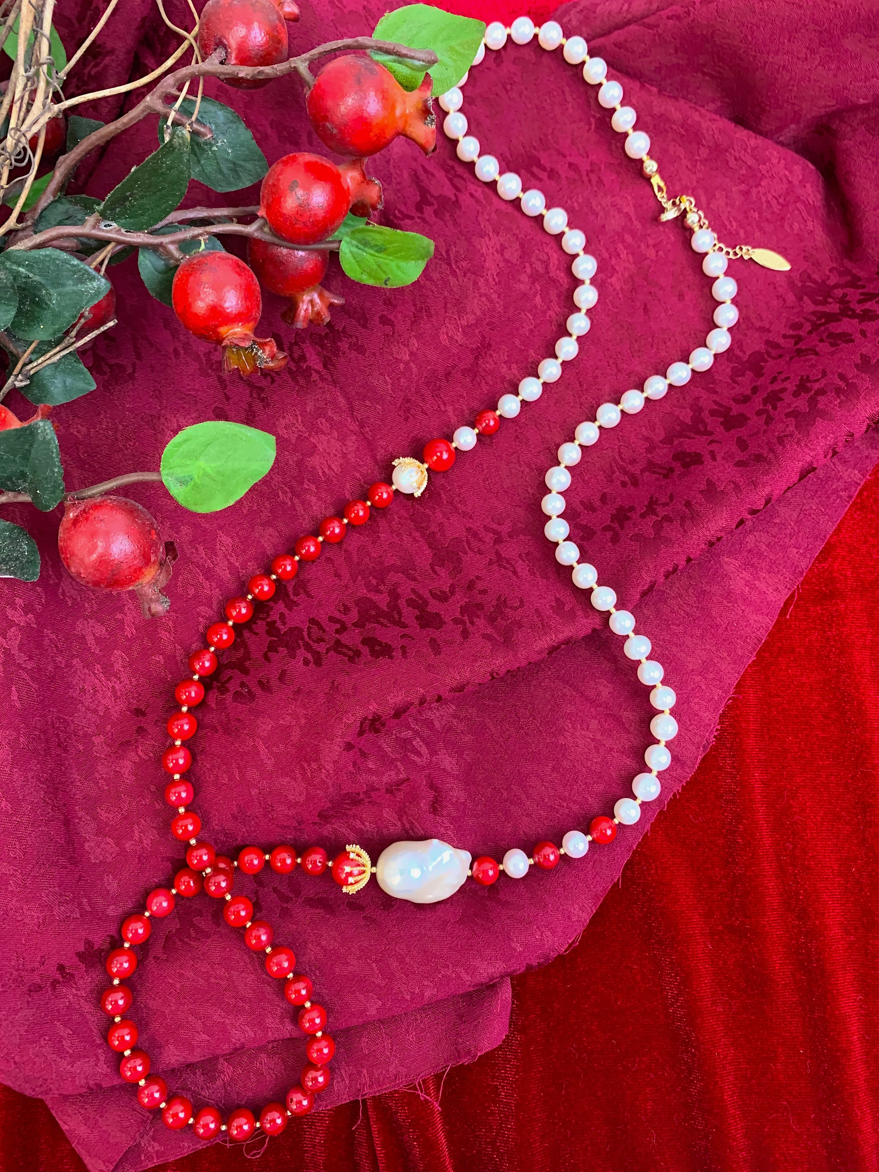 Freshwater Pearls With Bamboo Coral And Baroque Pearl Long Necklace HN035