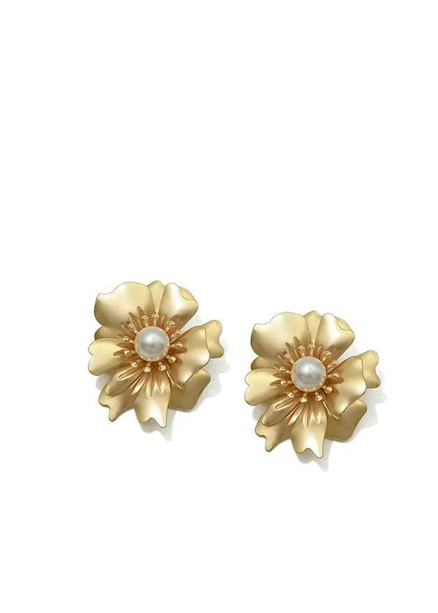 Gold Floral Pearl Rhinestone Statement Earrings