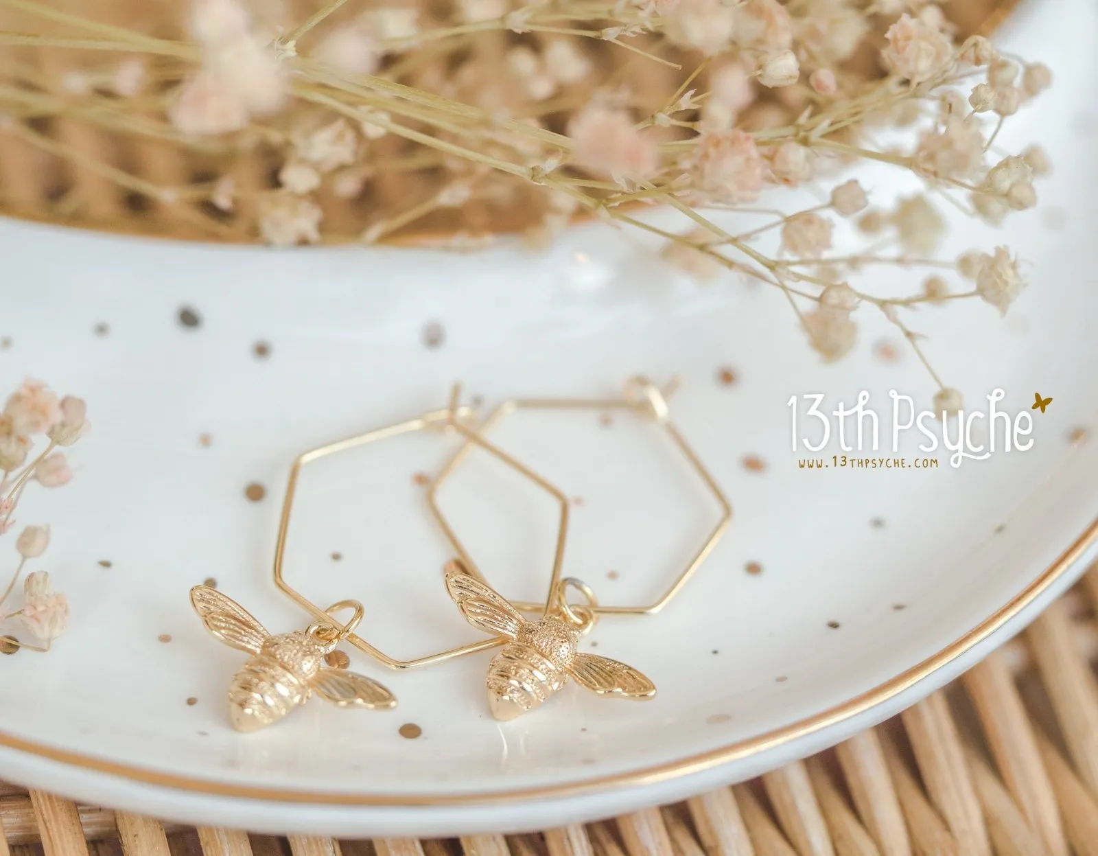 Hexagon hoop earrings with bee charms