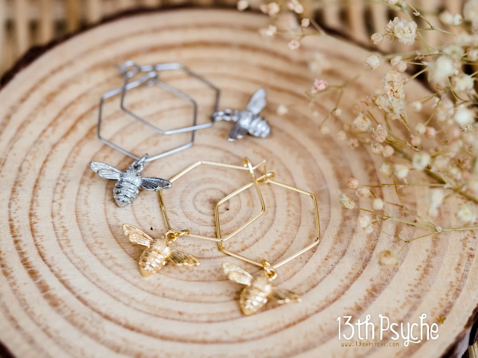 Hexagon hoop earrings with bee charms