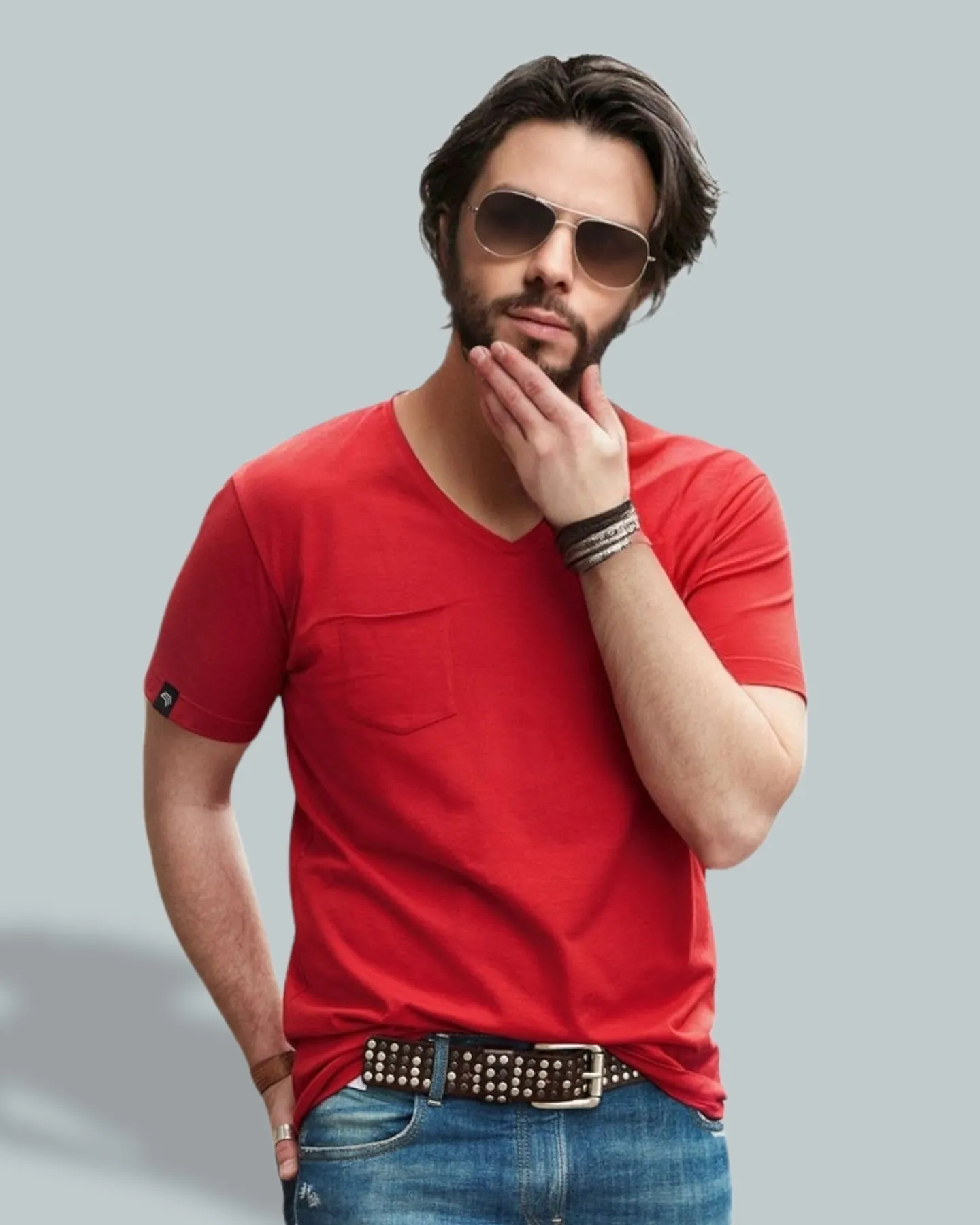 JAN 8004 ― Herren Bio-Baumwolle V-Neck T-Shirt mit Brusttasche - Heather Melange Grau