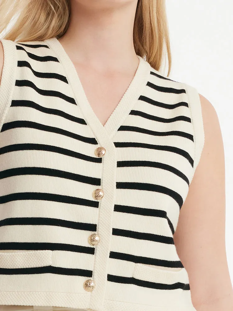 Knit Striped V-Neck Vest Cardigan