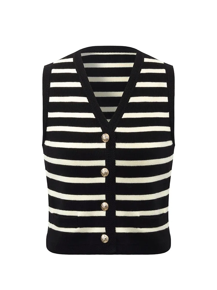 Knit Striped V-Neck Vest Cardigan