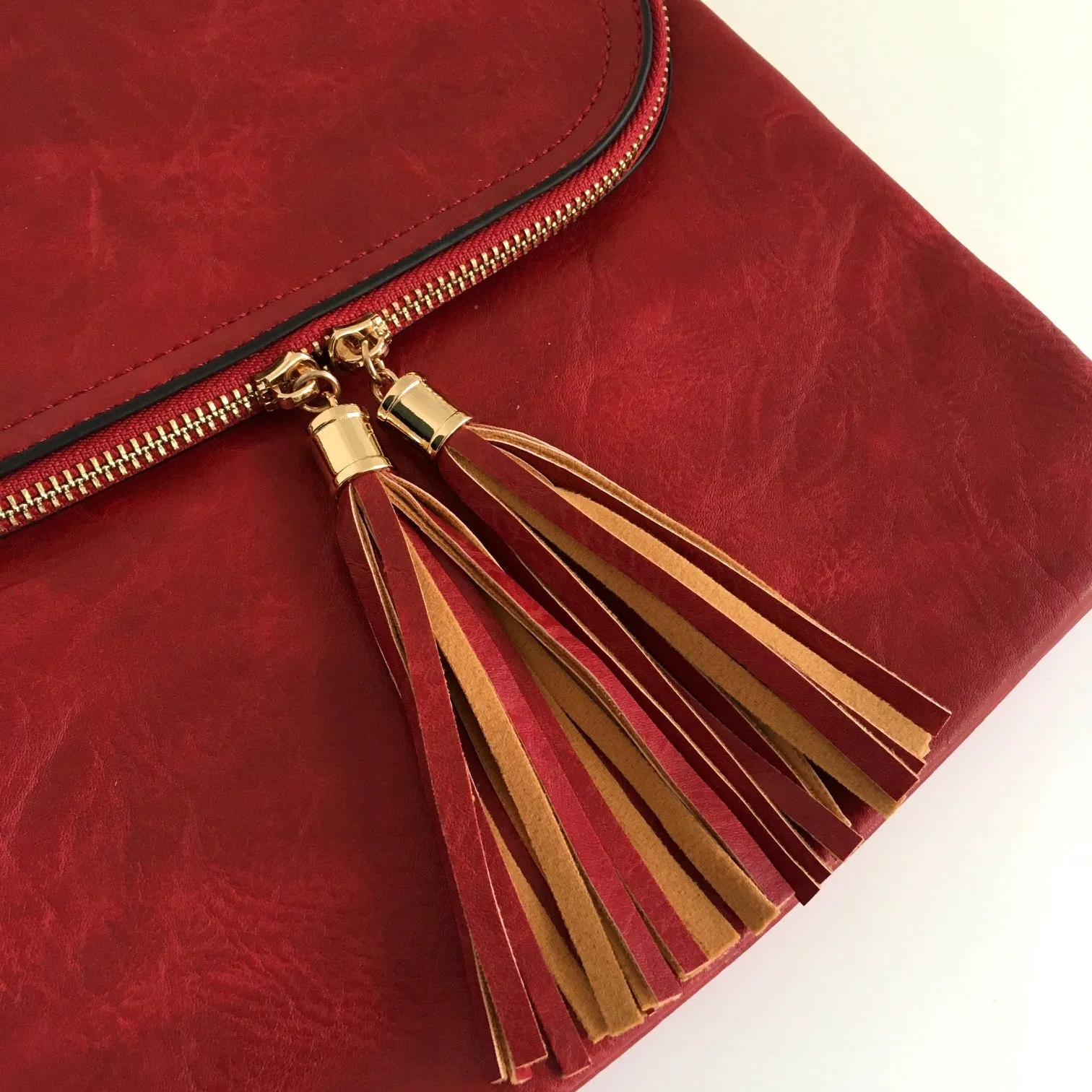 LARGE RED TASSEL MULTI COMPARTMENT CROSS BODY SHOULDER BAG WITH LONG STRAP