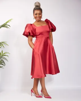 Maroon Puff Sleeve Mikado Flare Midi Dress - Afrida