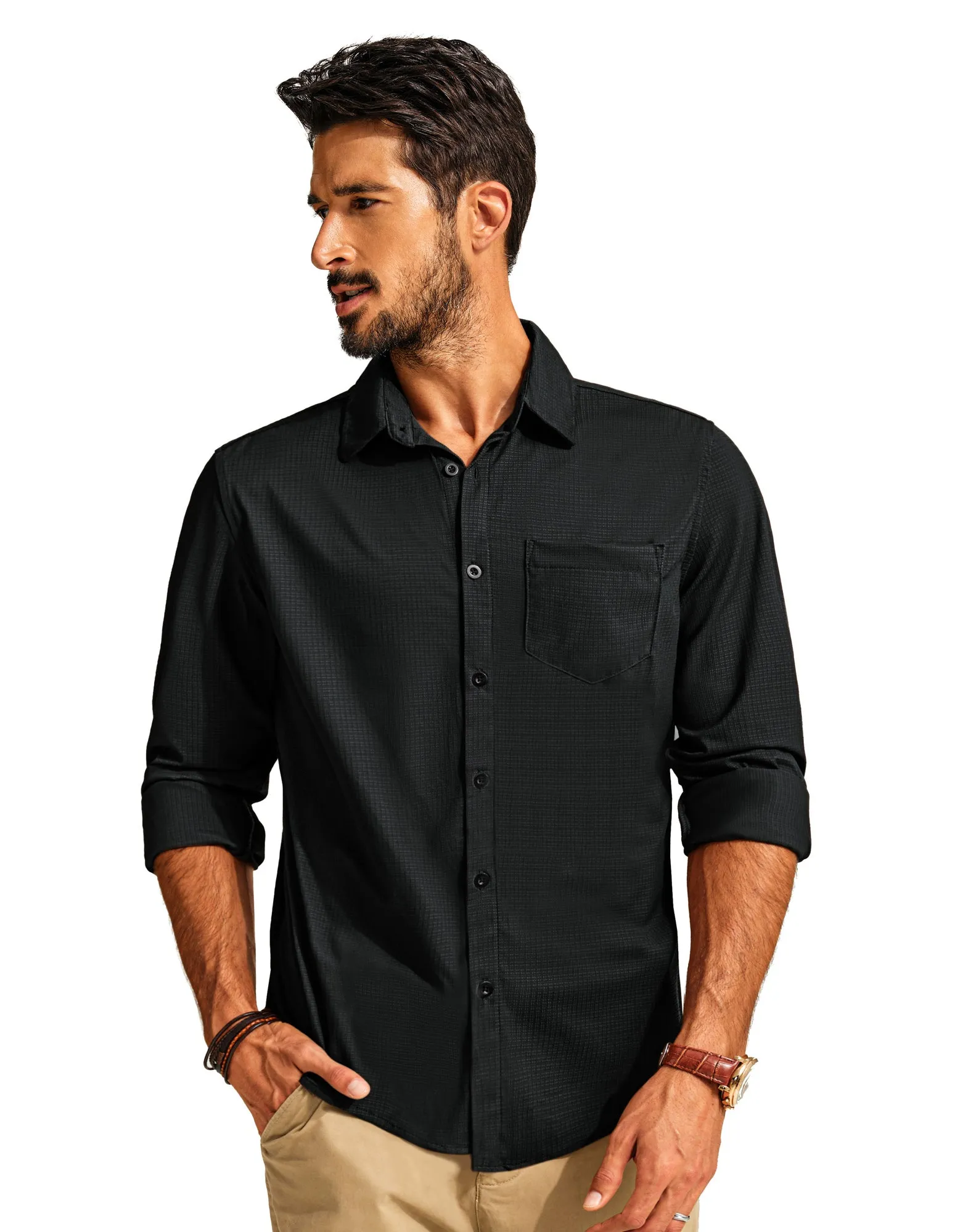 Men Classic Collar Shirt Casual Long Sleeve Curved Hem Button-up Tops