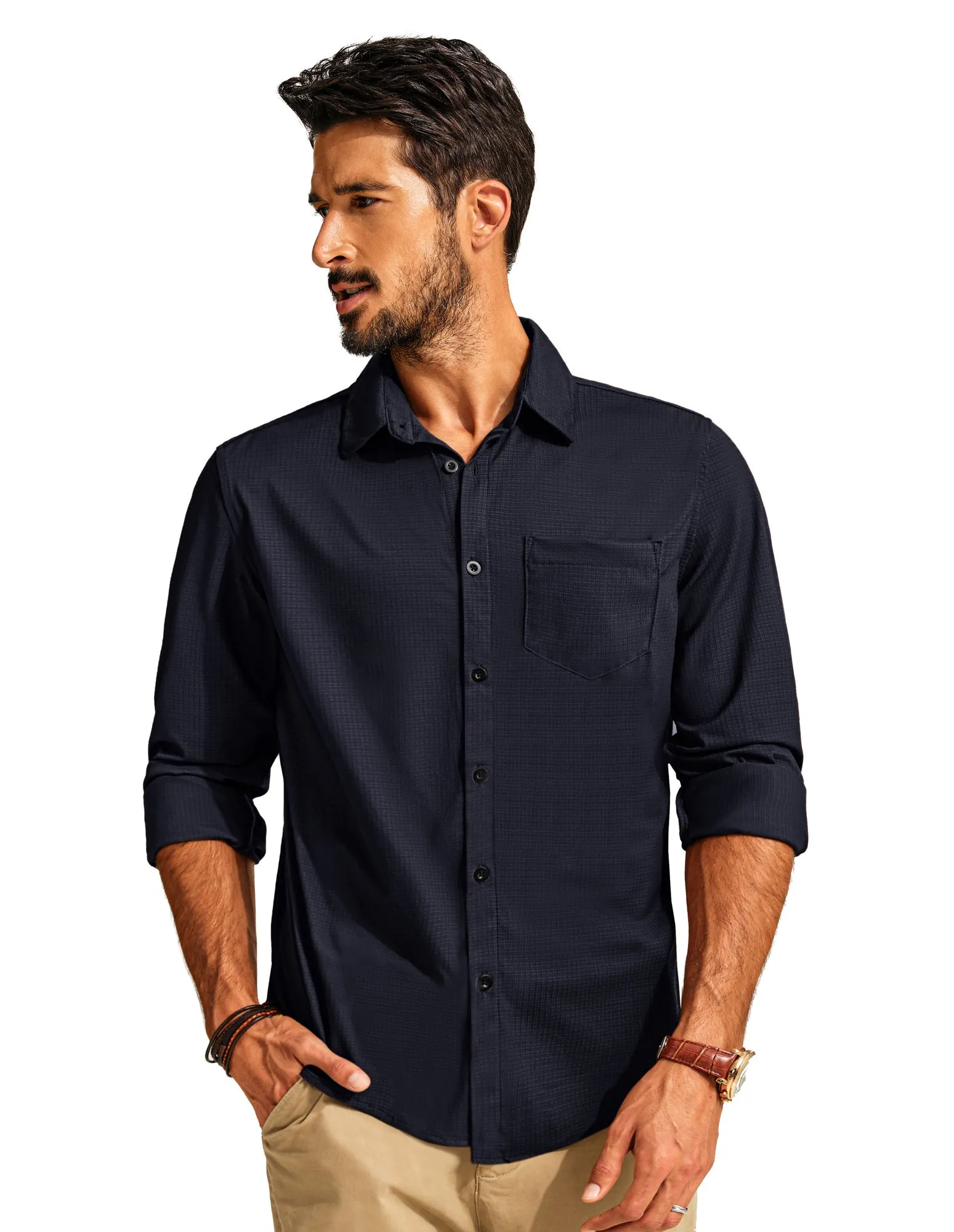 Men Classic Collar Shirt Casual Long Sleeve Curved Hem Button-up Tops