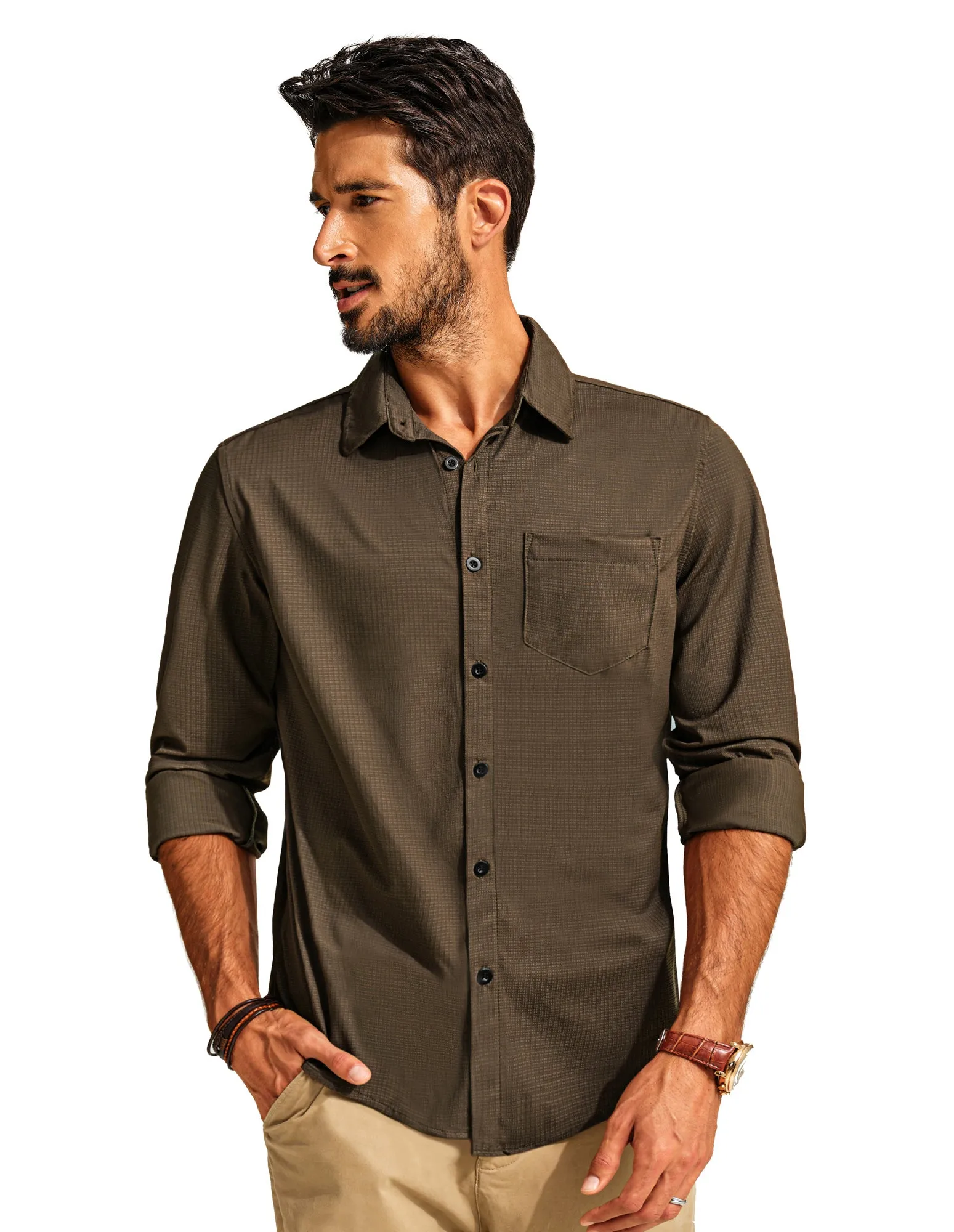 Men Classic Collar Shirt Casual Long Sleeve Curved Hem Button-up Tops