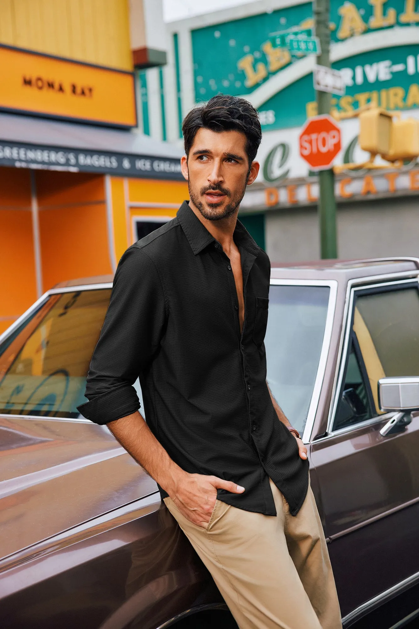 Men Classic Collar Shirt Casual Long Sleeve Curved Hem Button-up Tops