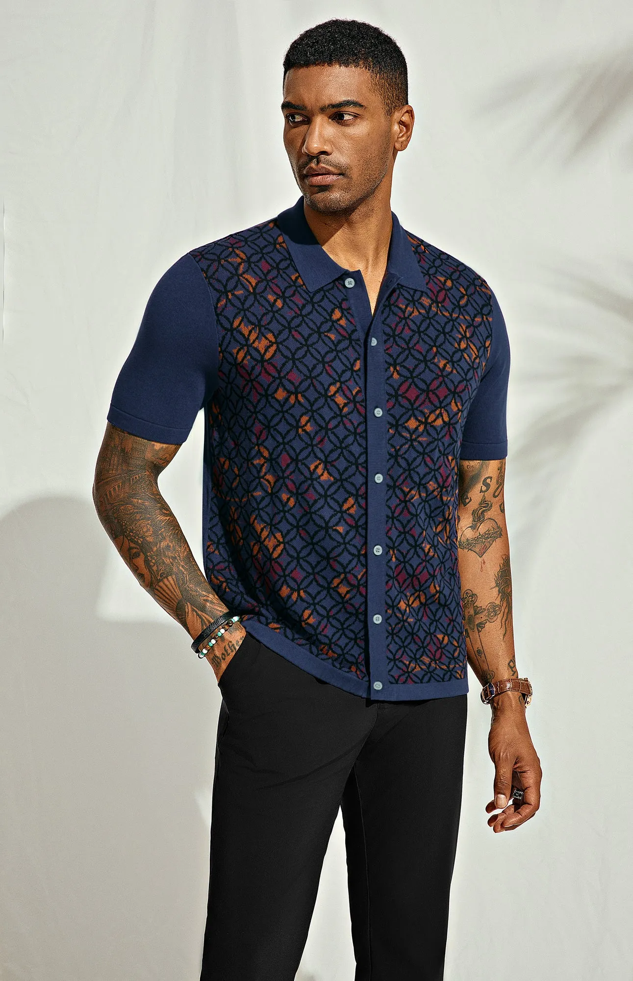 Men Contrast Color Knitted Polo-Shirt Short Sleeve Lapel Collar Knitwear Tops