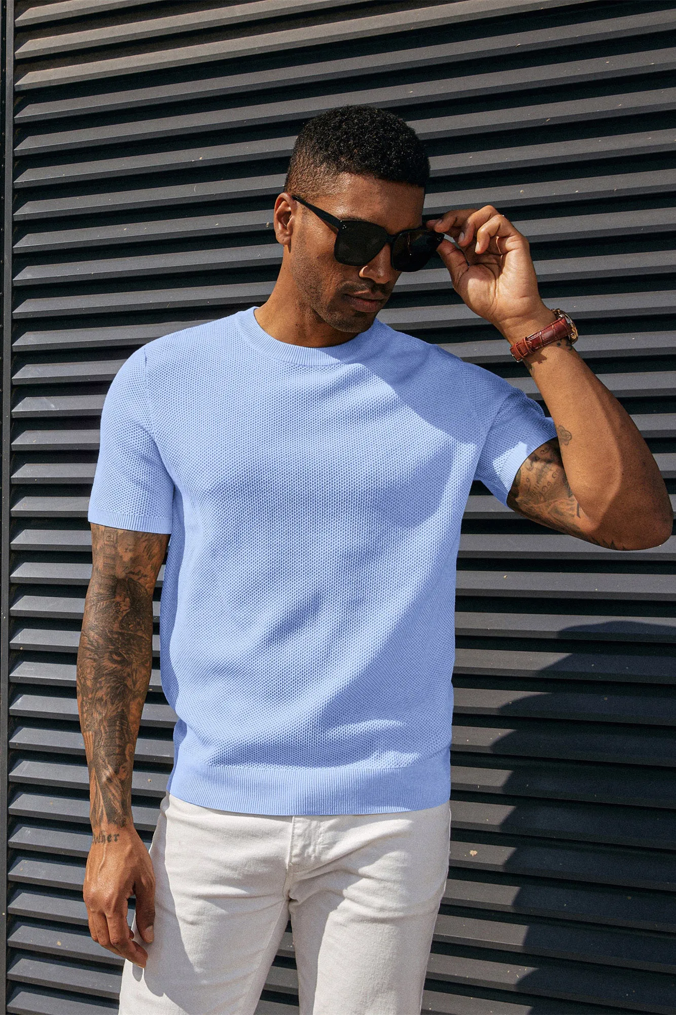 Men's T-Shirts Casual Knit Short Sleeve Crewneck Honeycomb Waffle Solid Knitted Pullover Tees