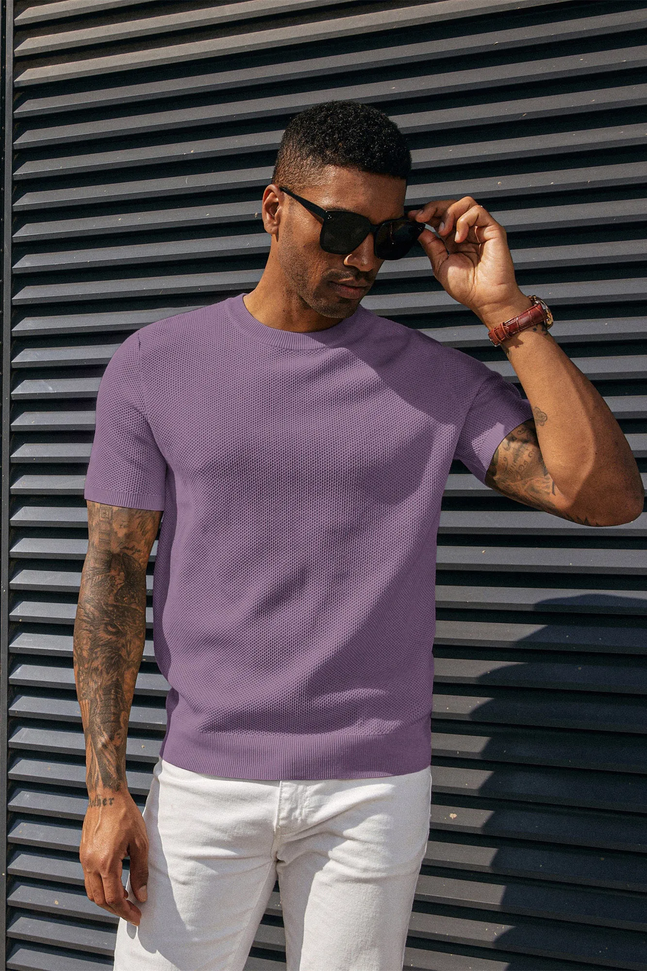 Men's T-Shirts Casual Knit Short Sleeve Crewneck Honeycomb Waffle Solid Knitted Pullover Tees