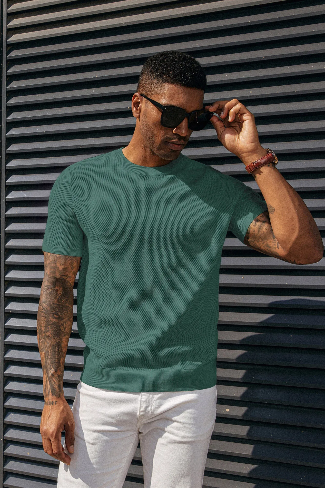 Men's T-Shirts Casual Knit Short Sleeve Crewneck Honeycomb Waffle Solid Knitted Pullover Tees