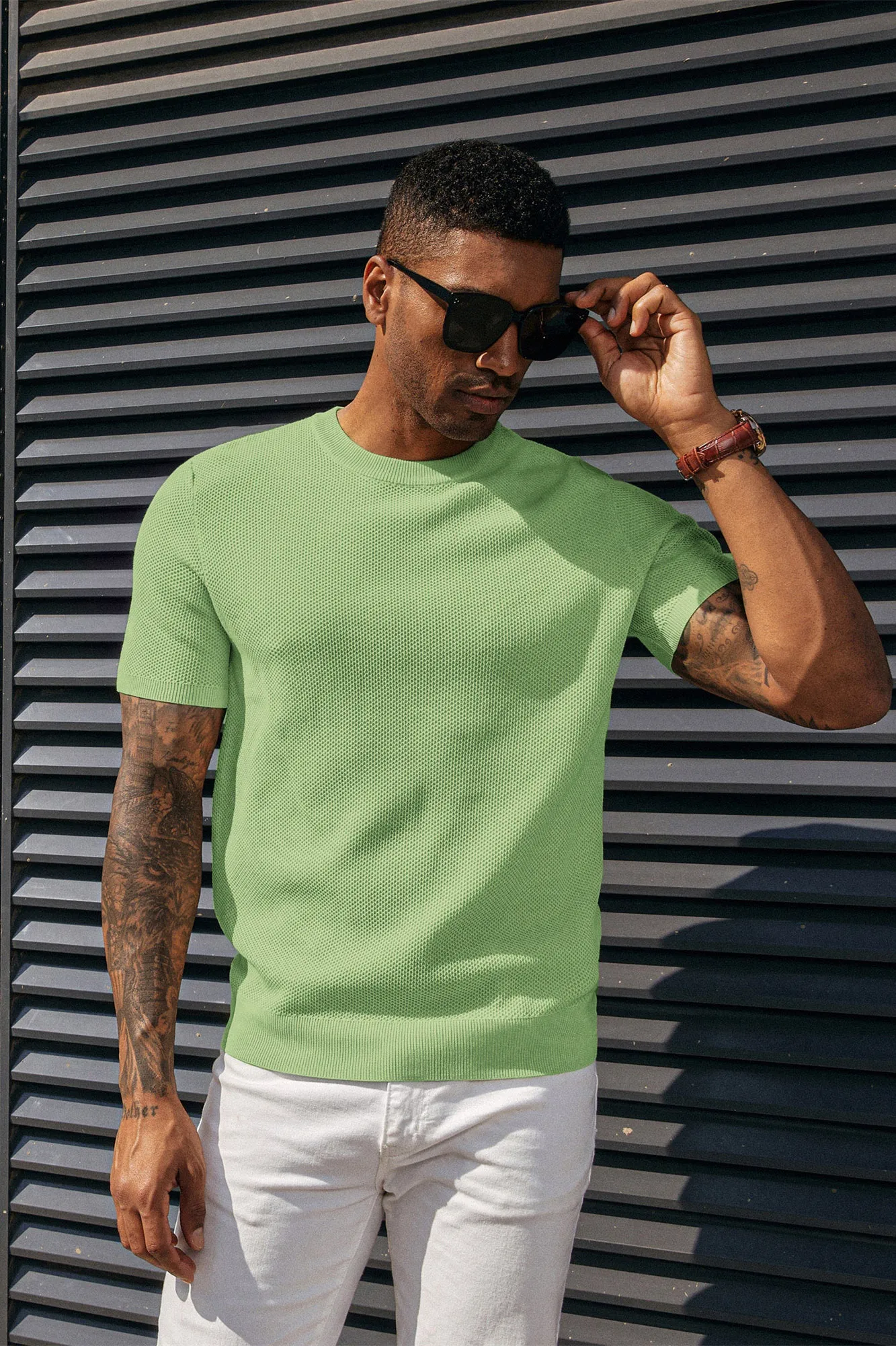 Men's T-Shirts Casual Knit Short Sleeve Crewneck Honeycomb Waffle Solid Knitted Pullover Tees