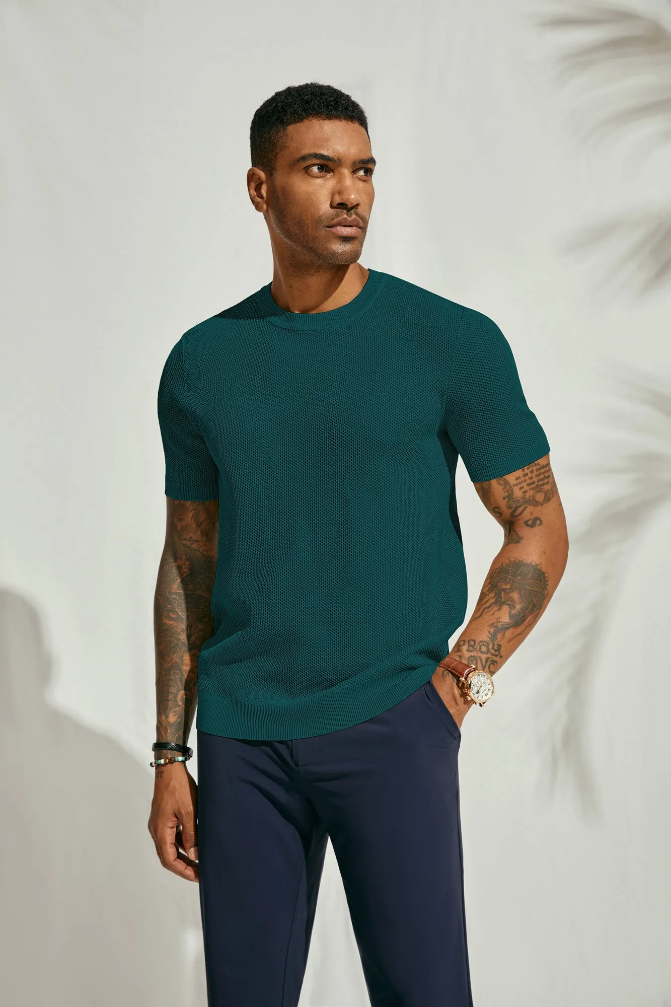 Men's T-Shirts Casual Knit Short Sleeve Crewneck Honeycomb Waffle Solid Knitted Pullover Tees