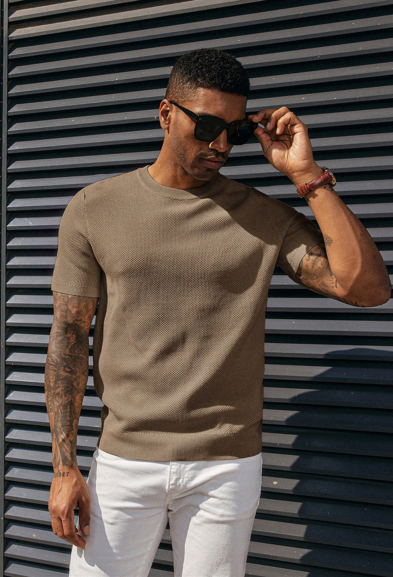 Men's T-Shirts Casual Knit Short Sleeve Crewneck Honeycomb Waffle Solid Knitted Pullover Tees