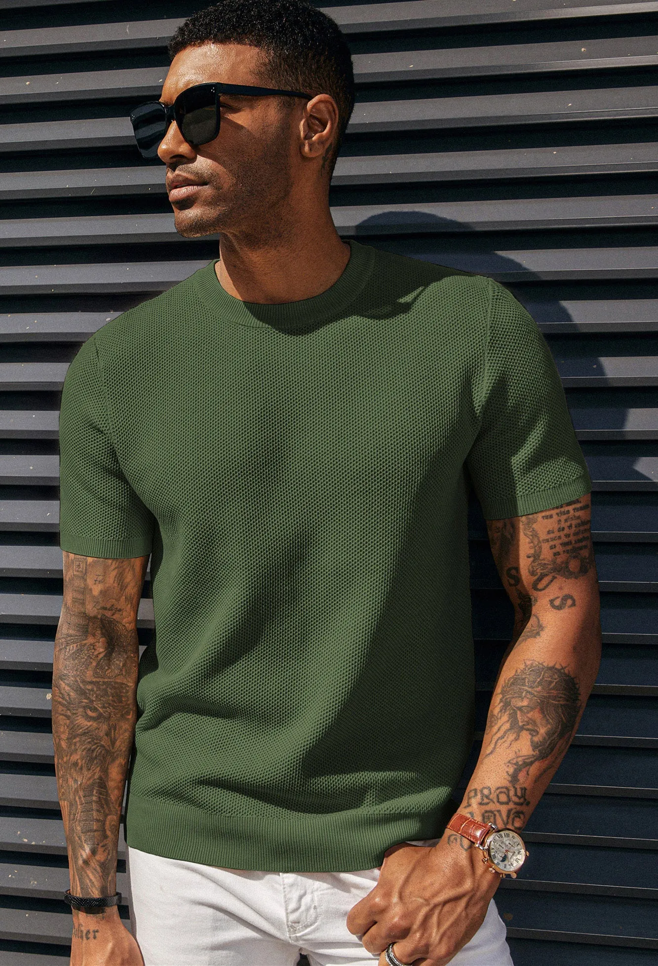 Men's T-Shirts Casual Knit Short Sleeve Crewneck Honeycomb Waffle Solid Knitted Pullover Tees