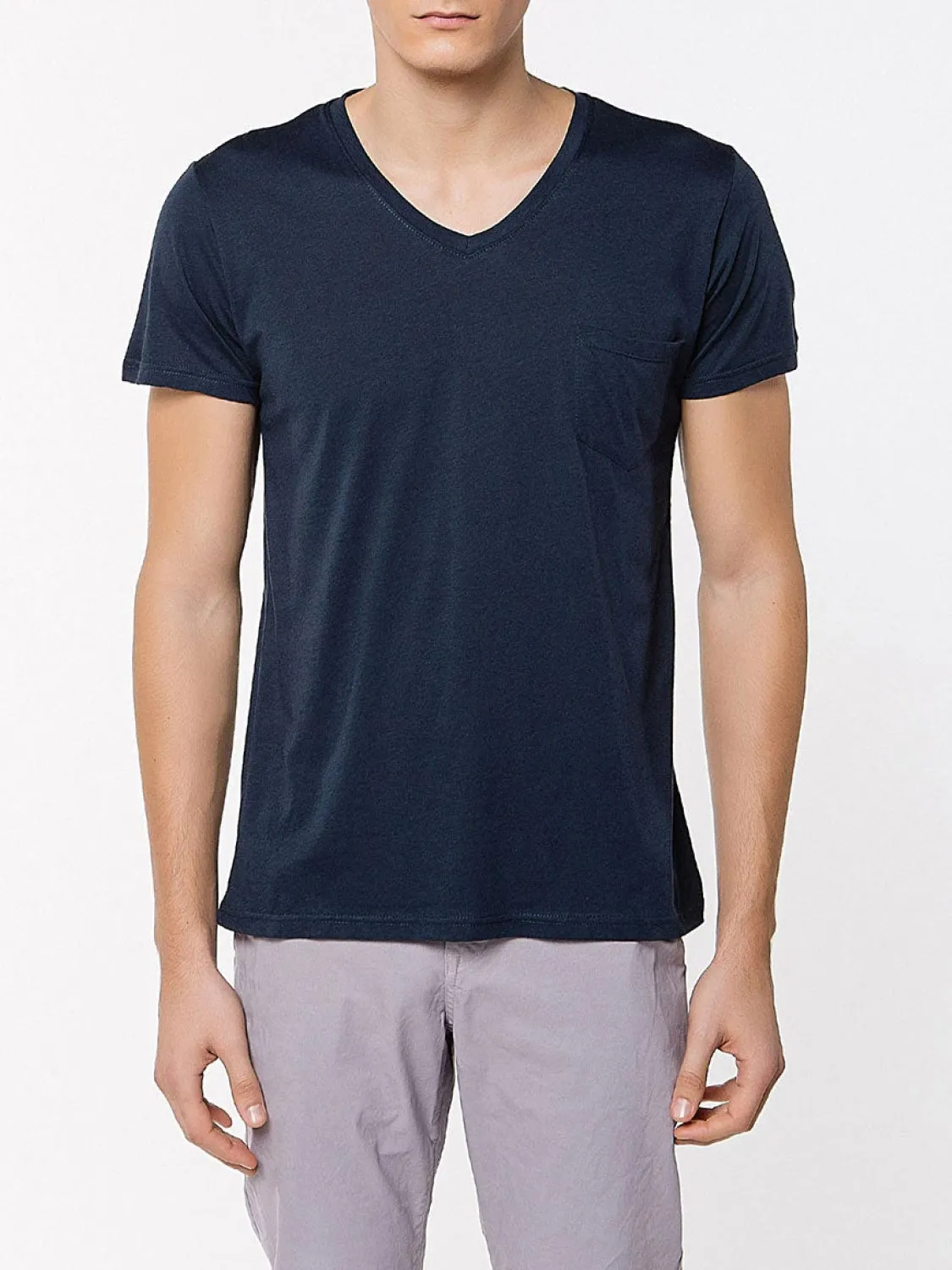 Modal Blend V-neck Pocket T-shirt Navy Blue