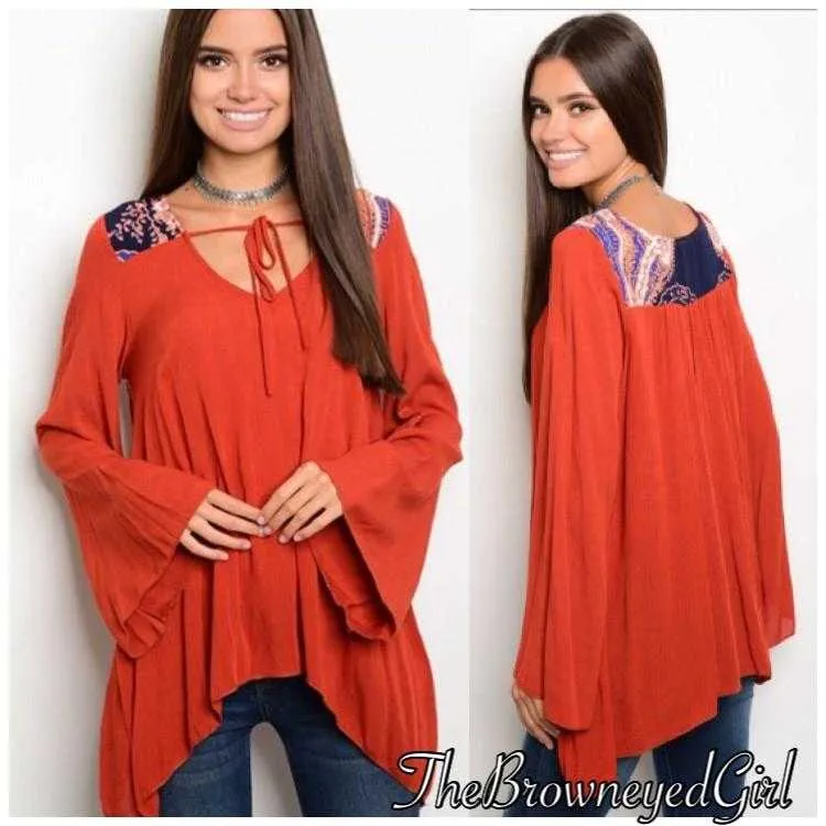 Navajo Long Sleeve Sunset Keyhole Tassel Tie Blouse