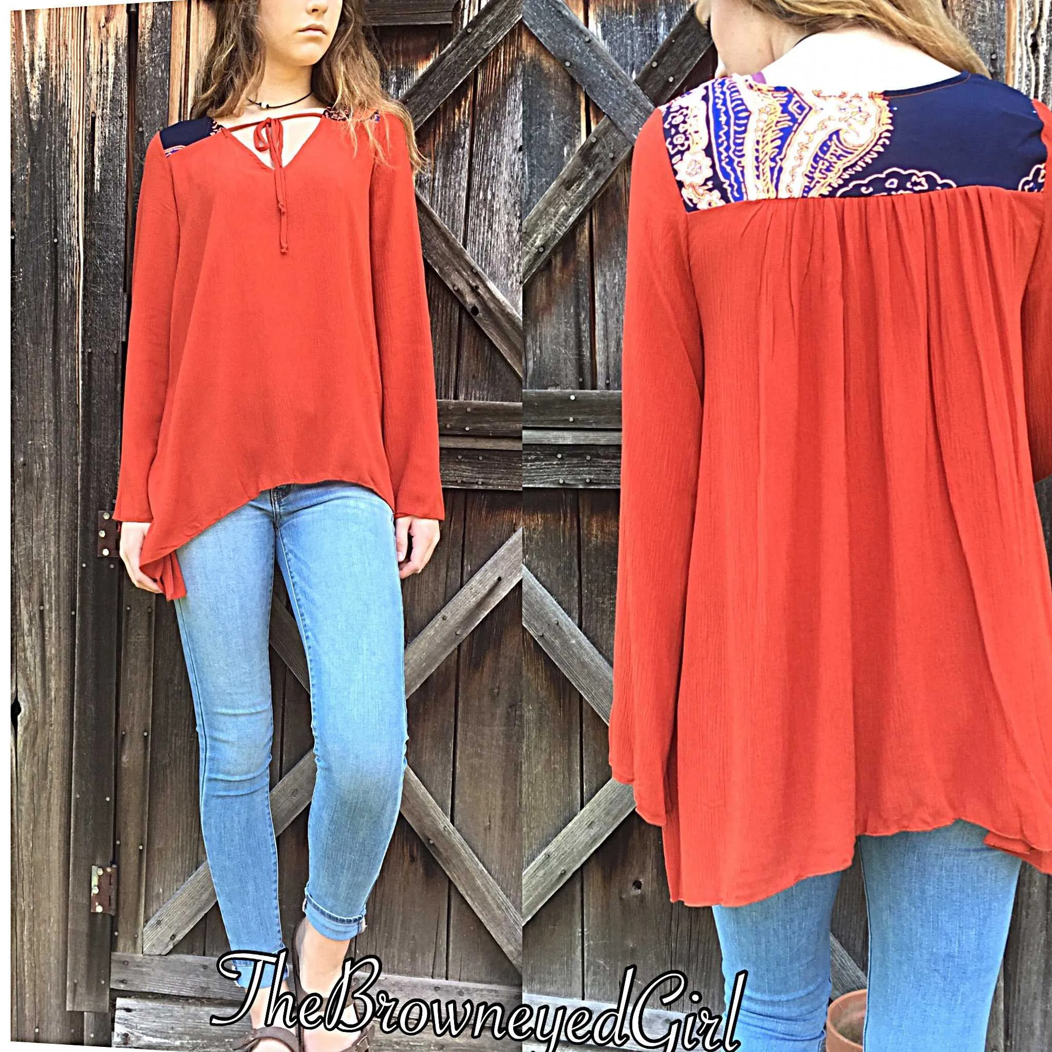 Navajo Long Sleeve Sunset Keyhole Tassel Tie Blouse