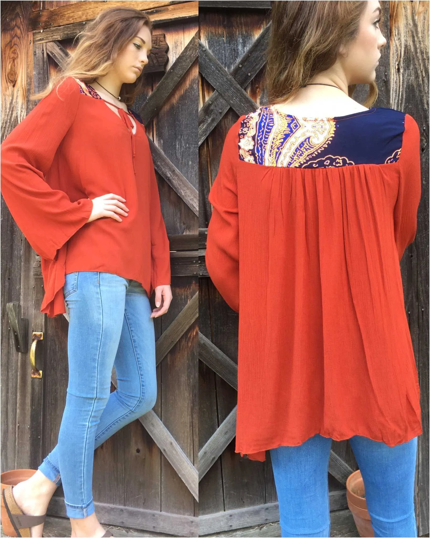 Navajo Long Sleeve Sunset Keyhole Tassel Tie Blouse