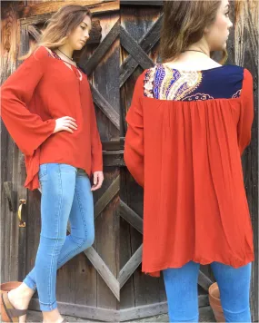 Navajo Long Sleeve Sunset Keyhole Tassel Tie Blouse