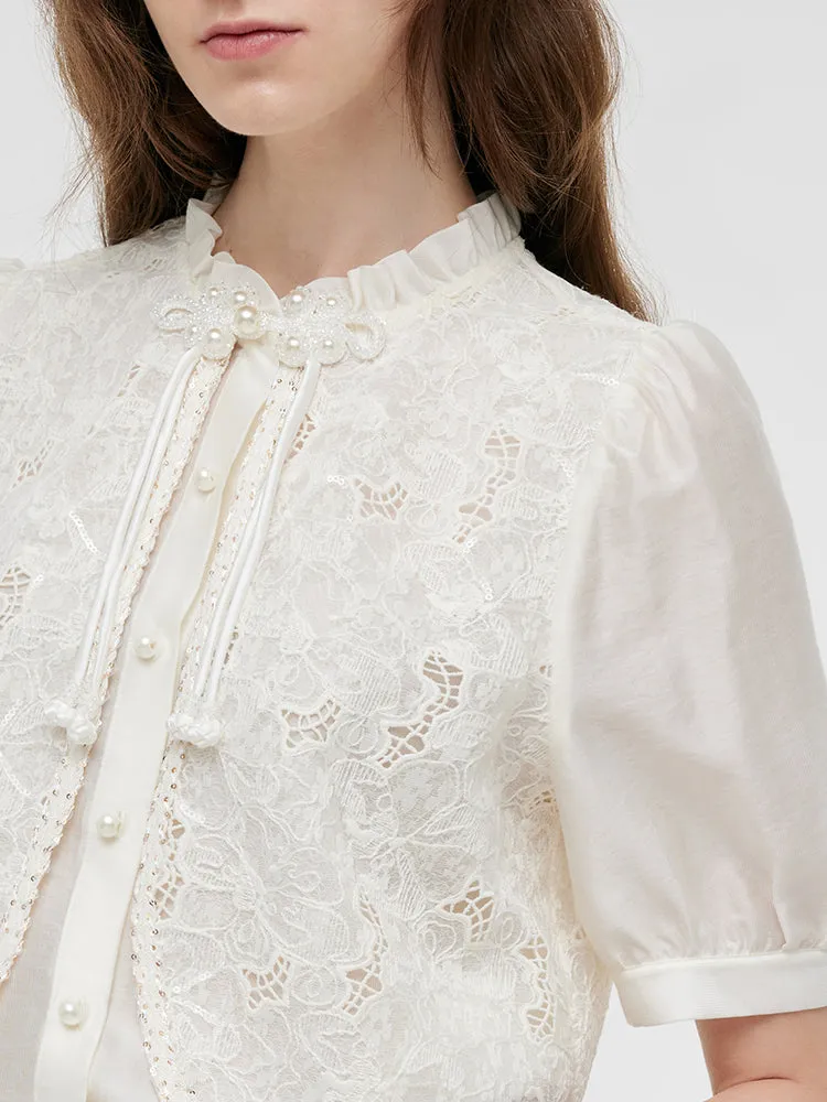 New Chinese-Style Lace Sequins Patchwork Women Blouse