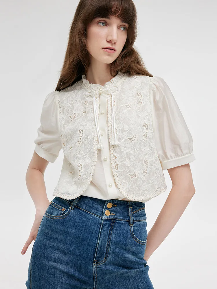 New Chinese-Style Lace Sequins Patchwork Women Blouse