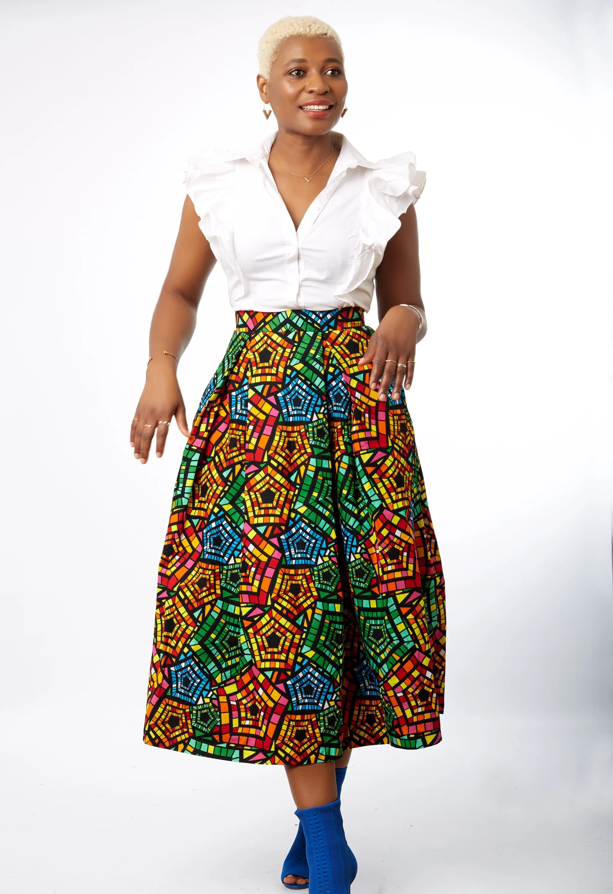 New in African Print Box Pleat Midi Skirt