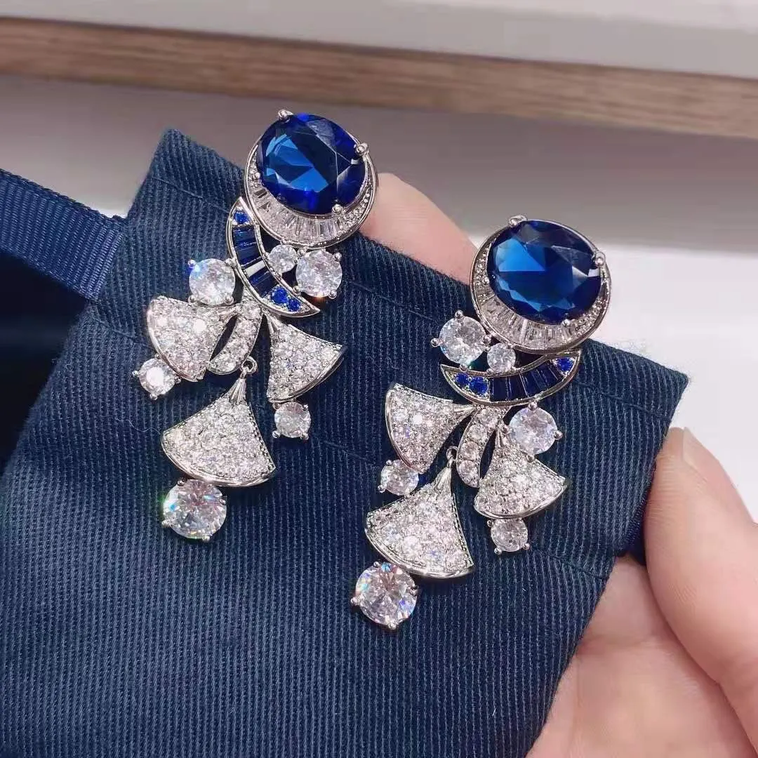 【ODN-E2145】Luxury Dinner Style 925 Silver Needle Three-dimensional Diamond Sapphire Earrings Fan-shaped Skirt Tassel Earrings