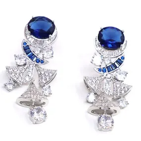 【ODN-E2145】Luxury Dinner Style 925 Silver Needle Three-dimensional Diamond Sapphire Earrings Fan-shaped Skirt Tassel Earrings