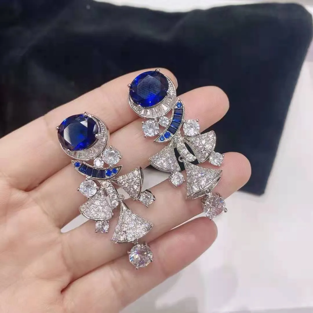 【ODN-E2145】Luxury Dinner Style 925 Silver Needle Three-dimensional Diamond Sapphire Earrings Fan-shaped Skirt Tassel Earrings