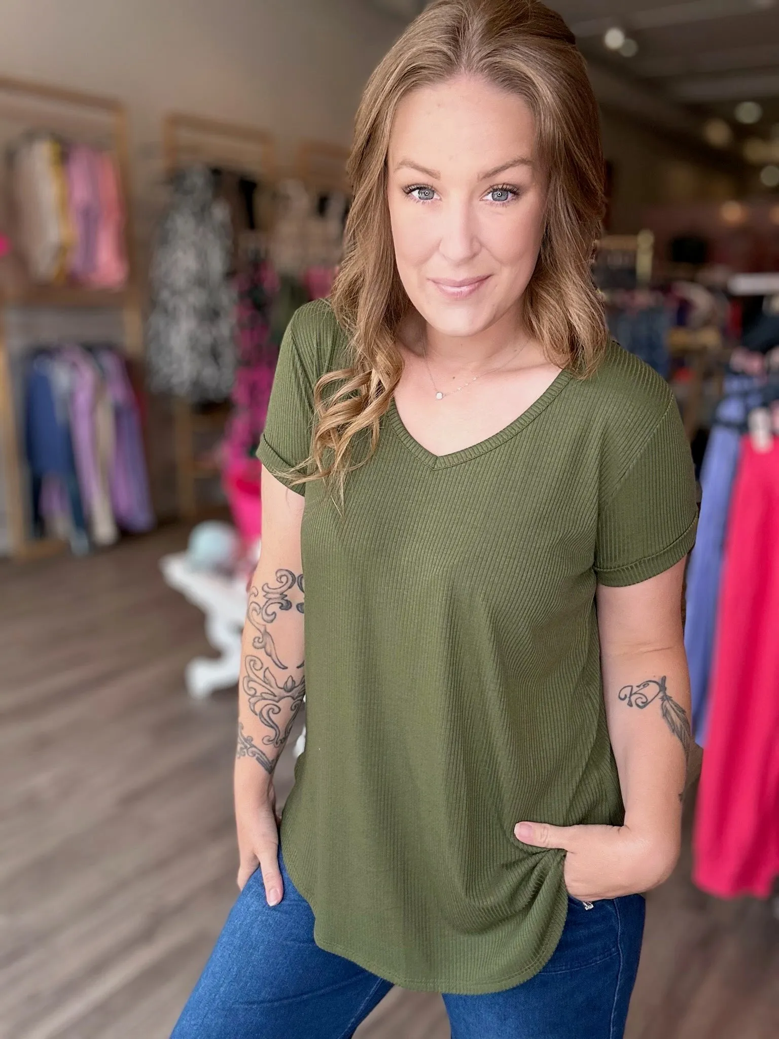 Olive Ribbed V-Neck Top