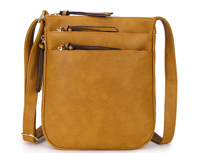 PLAIN CURVED MUSTARD YELLOW MULTI COMPARTMENT CROSS BODY SHOULDER BAG