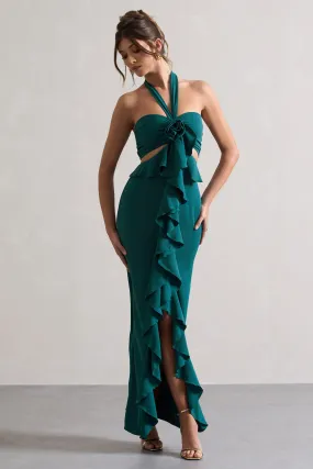 Powerful | Robe longue verte avec fleurs et volants à encolure dégagée