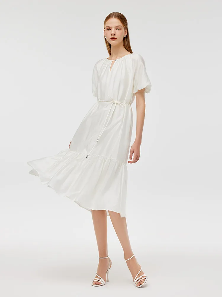 Puff Sleeves Ruffle Hem Women Midi Dress With String Belt