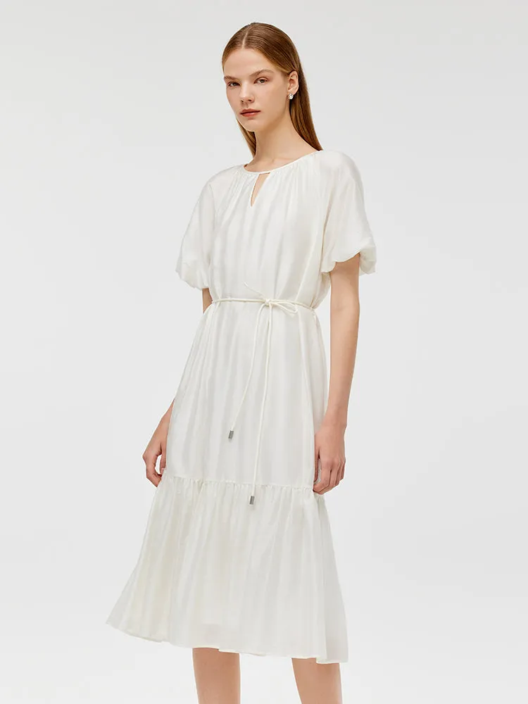 Puff Sleeves Ruffle Hem Women Midi Dress With String Belt