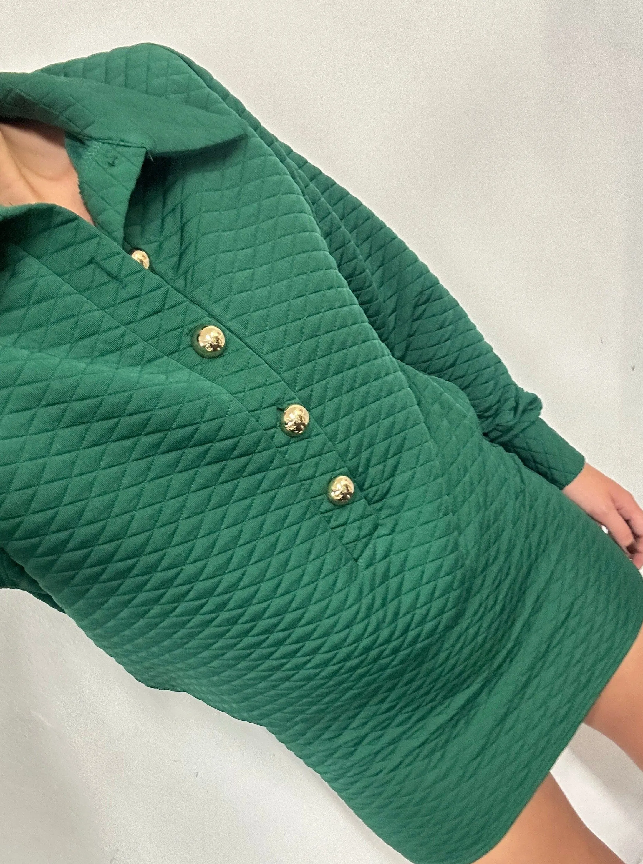 Quilted Bottle Green Gold Button Shirt Dress