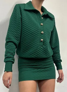 Quilted Bottle Green Gold Button Shirt Dress