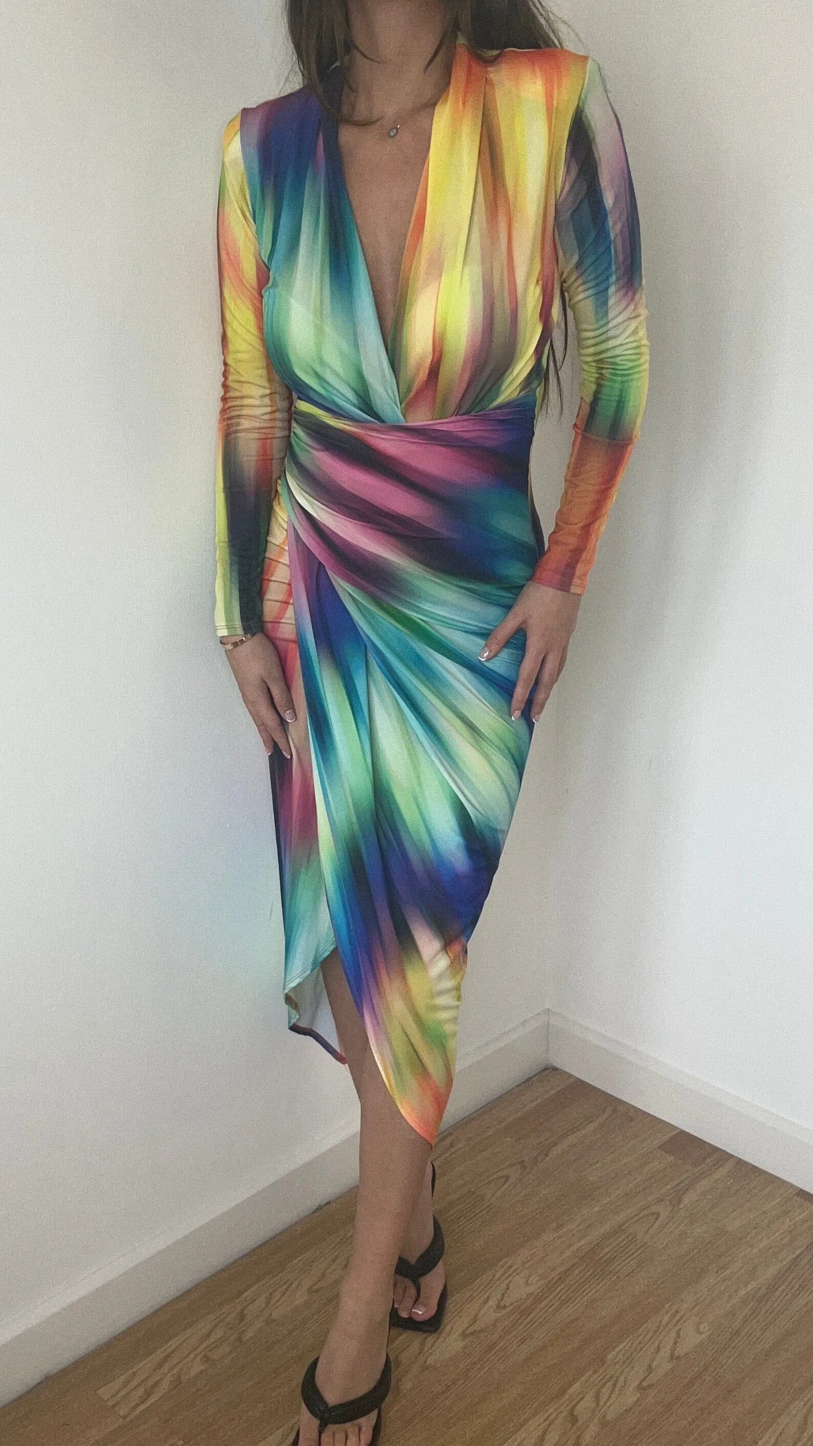 Rainbow Print Wrap Midi Dress