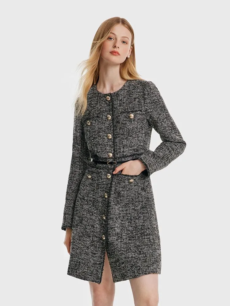 Round Neck Tweed Dress With Belt