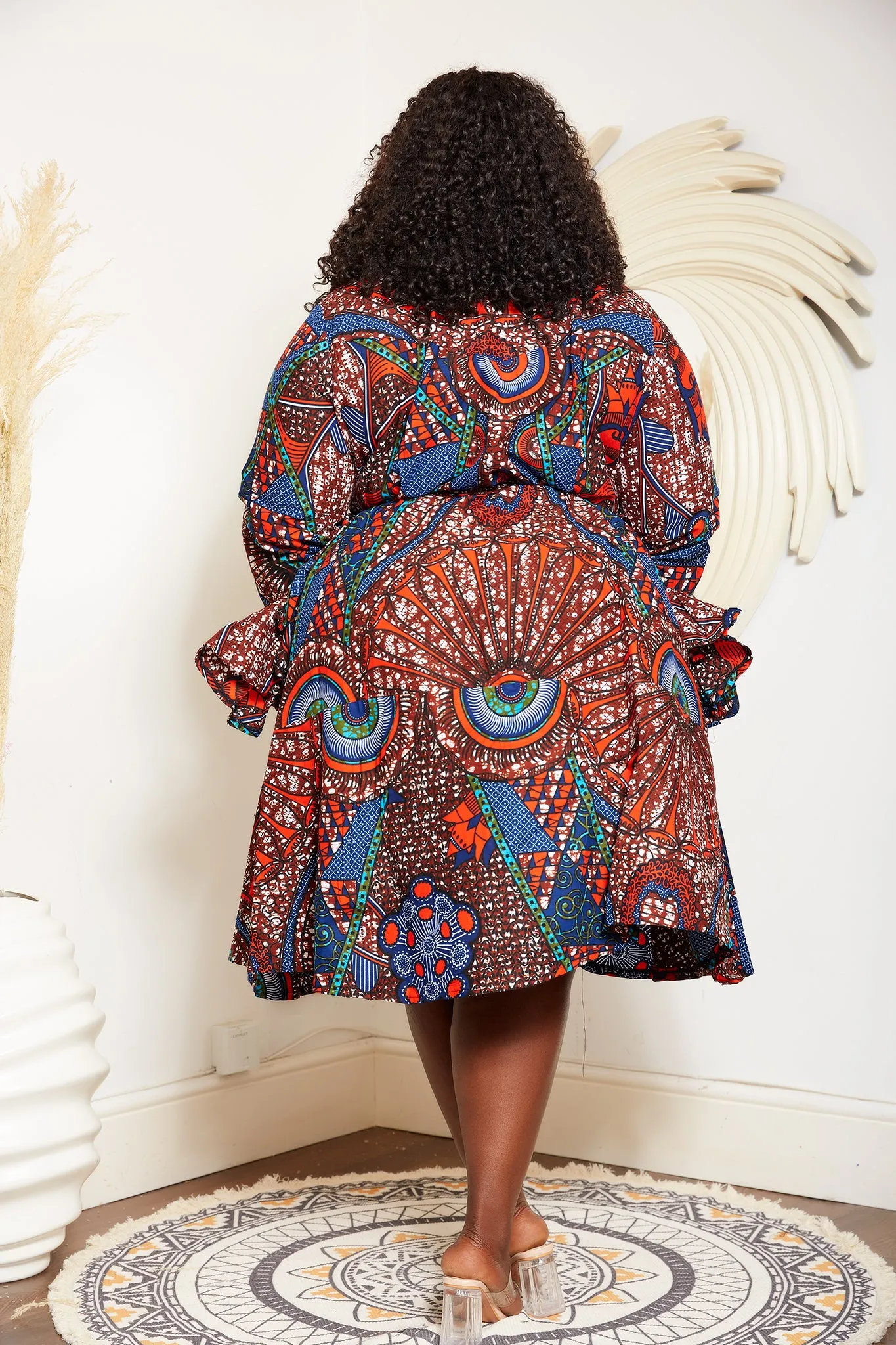 Rustic Brown African Print Long Sleeve Shirt Dress - Leila